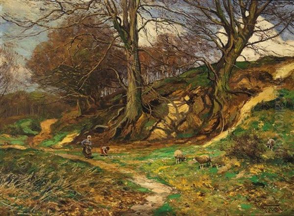 Weidende Schafe Und Holzleser In Herbstlicher Landschaft - view 1