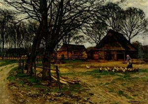Reetgedecktes Anwesen Mit Huhnerhof Und Bauerin In Herbstlicher Landschaft by Wilhelm Fritzel