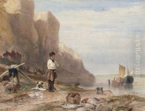 A Man And His Dog Before The East Cliffs, Hastings by Samuel Austin