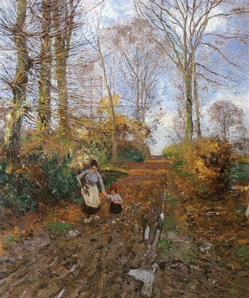 Reisigsammlerin Mit Kind Auf Dem Waldweg - view 1