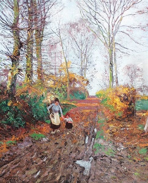 Reisigsammlerin Mit Kind Auf Dem Waldweg An Einem Sonnigen Herbsttag - view 1