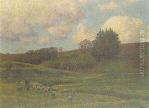 Hirte Mit Schafherde In Hugeliger Landschaft