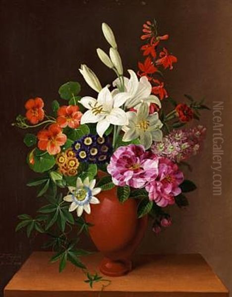 A Bunch Of Summer Flowers With Roses, Lilies, Passion-flowers And Milkmaid - view 1