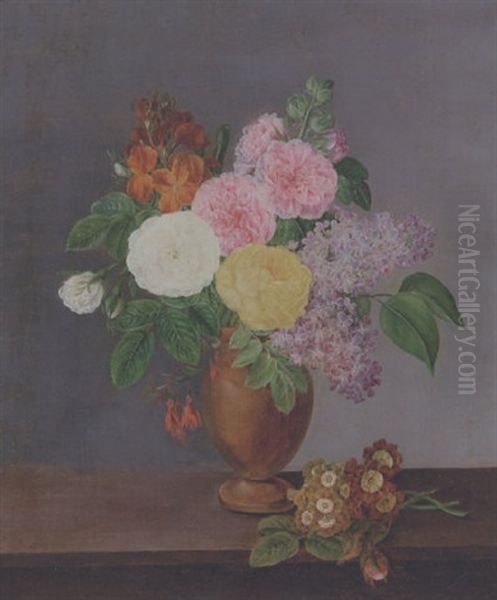 Roser Og Syrener I En Vase Pa En Karm - view 1