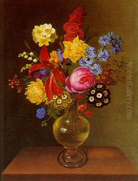 Opstilling Med Brogede Blomstrer I En Vase Pa En Stenkarm - view 1