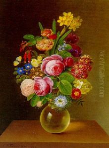 Opstilling Med Brogede Blomster I En Vase Pa En Karm by Claudius Ditlev Fritzsch
