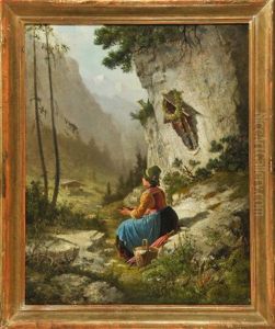 Rastende Junge Bauerin Am Wegesrand Unter Einem Marterl by Bernhard Froehlich