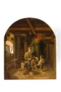 Beim Korbflechter; Reizendes Genre In Einem Alten Hau by Bernhard Froehlich