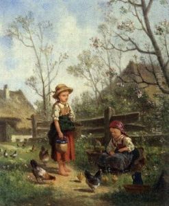 Zwei Bauernmadchen Beim Futtern Der Huhner by Bernhard Froehlich
