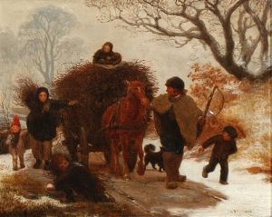 Winter Scene With A Family, And A Horsedrawn Carriage Loaded With Firewood