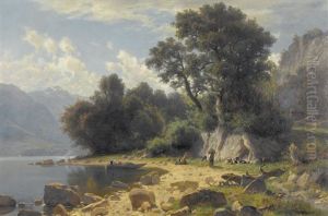 Idyllisches Bergseeufer Mit Bauern by Otto Froelicher