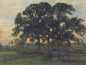 Wiesenlandschaft Mit Baumen Am Abend Wiesenlandschaft Mit Baumen Am Abend
