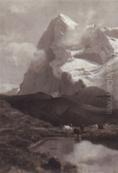 Berglandschaft Mit Kleinem See Und Kuhen - view 1