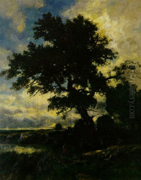 Bewaldete Landschaft Mit Bauerin Am Teich - view 1