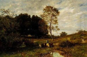 Landschaft Mit Baumen Und Weidenden Schafen Landschaft Mit Baumen Und Weidenden Schafen
