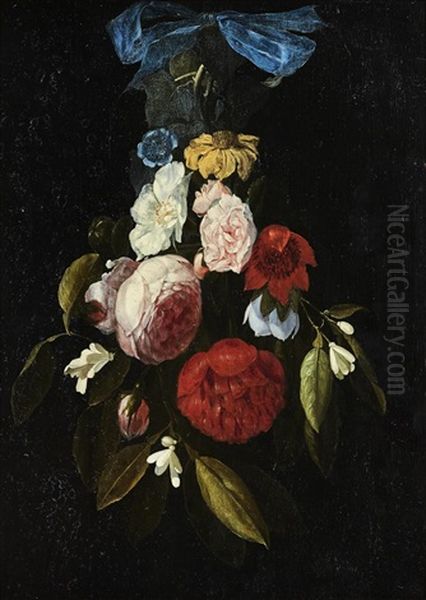 Still-life Of Flowers Hanging From A Blue Ribbon - view 1