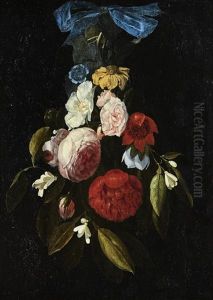 Still-life Of Flowers Hanging From A Blue Ribbon