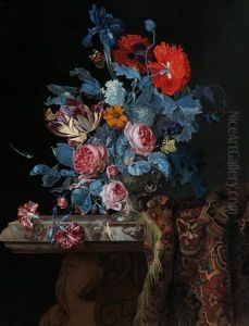 A Still Life With Flowers In A Silver Vase And A Folded Rug A Still Life With Flowers In A Silver Vase And A Folded Rug