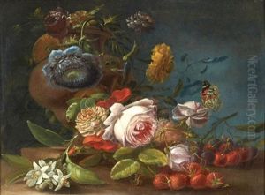 Vade De Fleurs, Fruits Et Insectes Sur Un Entablement