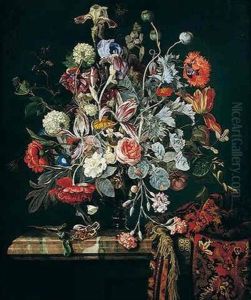 A Still Life Of Flowers In A Glass Vase On A Marble Ledge Partly Draped With A Carpet