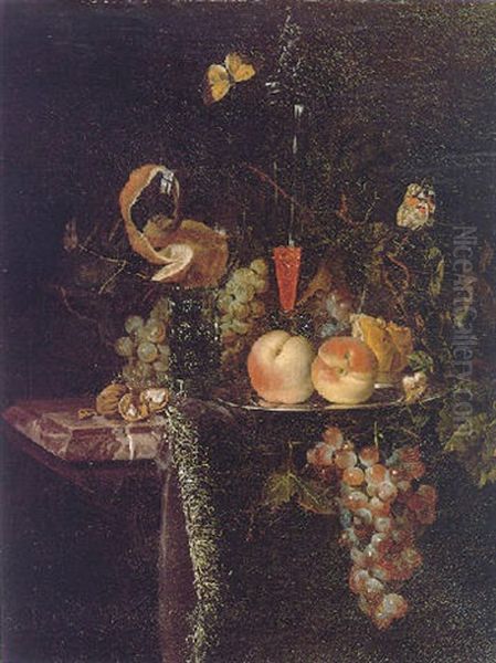 A Still Life Of A Peeled Orange In A Glass Roemer Of White Wine, A Facon De Venise Of Red Wine, Peaches On A Silver Plate, Bread, Grapes, Walnuts And Butterflies - view 1