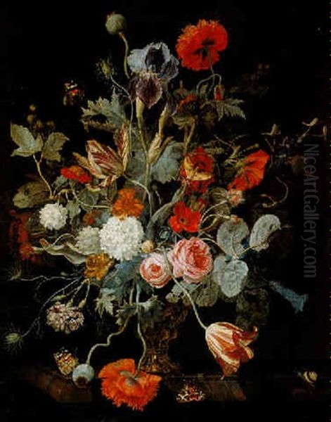 Still Life Of Flowers In A Gilt Vase On A Marble Ledge - view 1