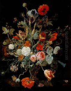 Still Life Of Flowers In A Gilt Vase On A Marble Ledge by Hendrik de Fromantiou