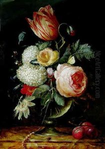 Blumenstauss In Einer Glasvase Mit Insekten Und Pflaumen Auf Einer Marmorplatte by Hendrik de Fromantiou
