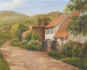 Am Dorfrand Mit Blick Auf Hugelige Landschaft Und Burgruine