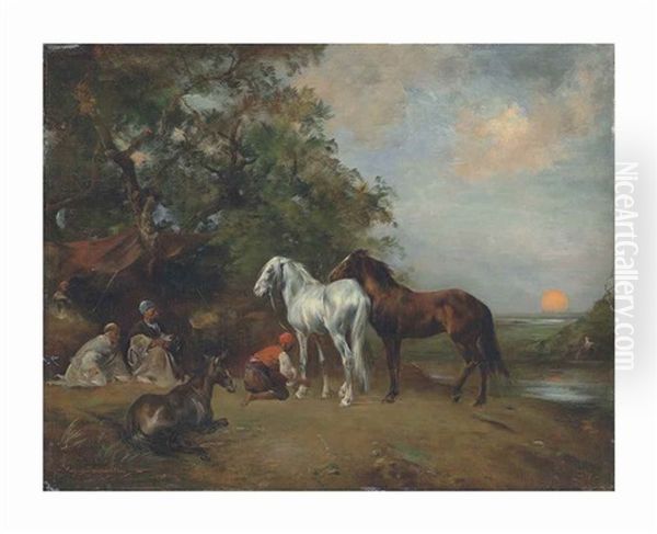 Coucher De Soleil: Arabe Attelant Un Cheval Brun Er Un Cheval Blanc - view 1