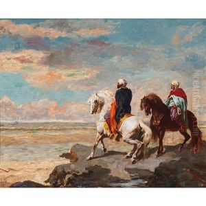 Orientalist Scene With Two Men On Horseback by Eugene Fromentin