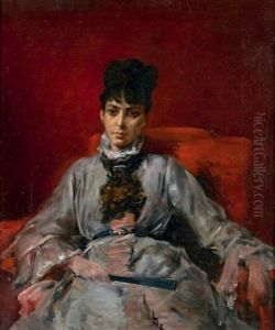 Portrait De Femme En Robe Grise Tenant Un Eventail by Eugene Fromentin