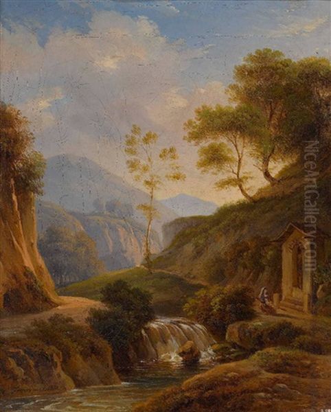Italienische Landschaft Mit Kleinem Wasserfall - view 1
