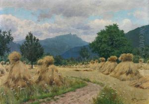 Sommerlandschaft Mit Korngarben Vor Mittelgebirgszug Mit Blick Auf Eine Bergspitze Mit Burg
