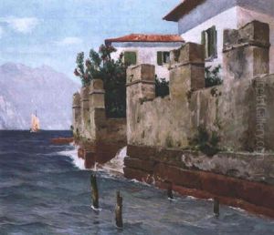 Motiv Am Gardasee Mit Boot Und Bergpanorama by Ernst Frommhold