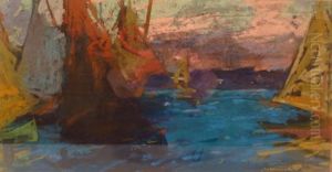 Boats On Water At Sunset by Charles Henry Fromuth