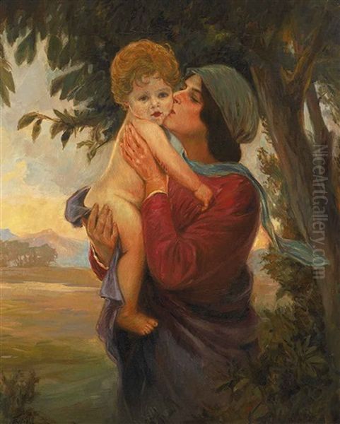 Mutter Mit Kind In Abendlicher Landschaft - view 1