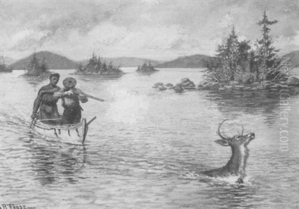 Men Hunting Swimming Deer From Canoe - view 1