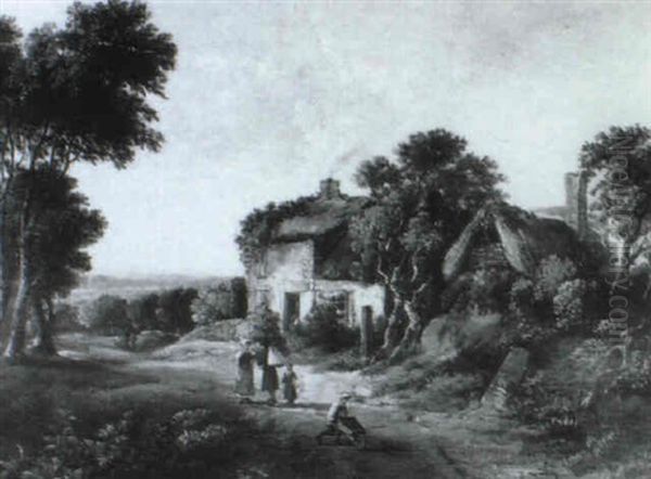 Travellers On A Country Path With Buildings Beyond - view 1
