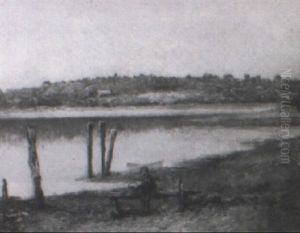 Inlet At Low Tide With Figure Of Seated Man With Basket On Bench by George Albert Frost