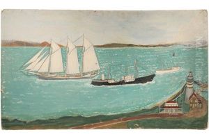 Folk Art View Of Freighter, Trawler And Three-mast Schooner Passing The Marblehead Light, Tug At Dock by John O.J. Frost