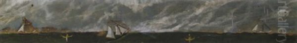 Rolling Waves With Fishing Vessels And Men In Rowboats Hauling Fish - view 1