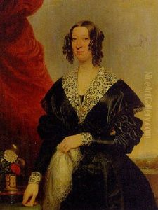 Portrait Of A Lady, Flowers On A Table Beside Her, A Landscape Beyond