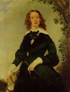 Portrait Of A Lady In A Green Riding Habit, Holding A Crop And Hat, A Greyhound By Her Side
