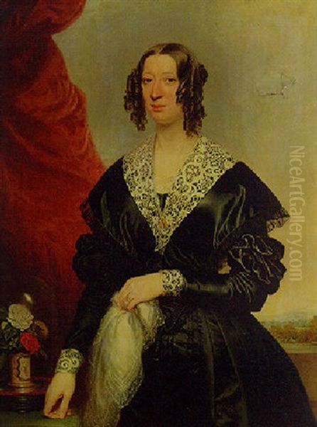 Portrait Of A Lady In A Black Dress With Lace Collar And Cuffs, Standing By A Table, A Landscape Beyond - view 1