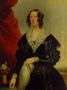 Portrait Of A Lady In A Black Dress With Lace Collar And Cuffs, Standing By A Table, A Landscape Beyond