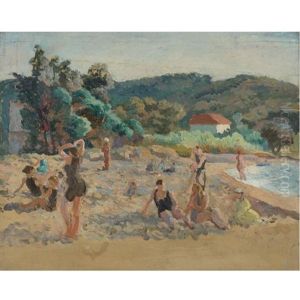 Beach At St. Tropez With Bathers by Roger Fry