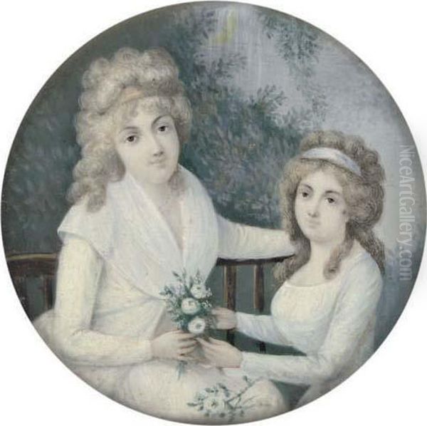 Two Sisters: One Seated In White Dress Holding Flowers; The Other In Pale Blue Dress Arranging Flowers; Garden Background - view 1