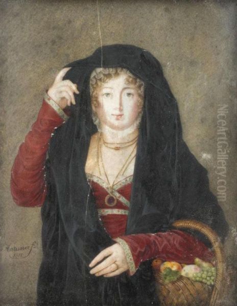 Portrait Of A Lady, Half Length, Holding A Basket Of Fruit - view 1