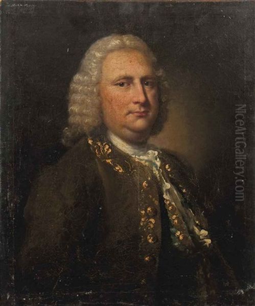 Portrait Of A Gentleman In A Brown Jacket With Gold Trim With A Blue Waistcoat - view 1
